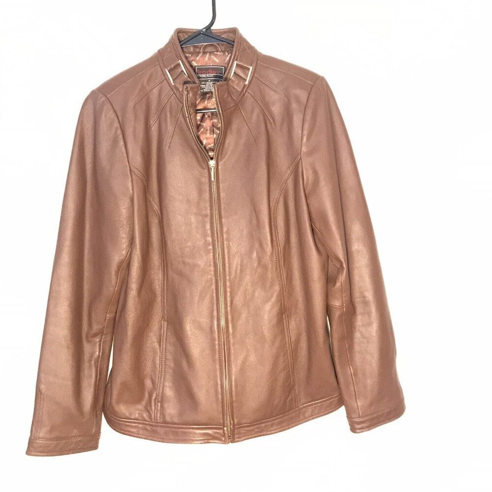 BRADLEY BAYOU Women's BROWN Leather Jacket Size S Gold tone hardware QVC